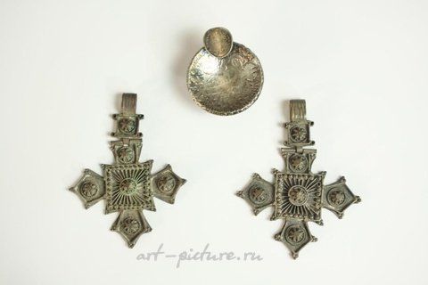 Russian silver, Two silver plated filigree wirework cross pendants along with...