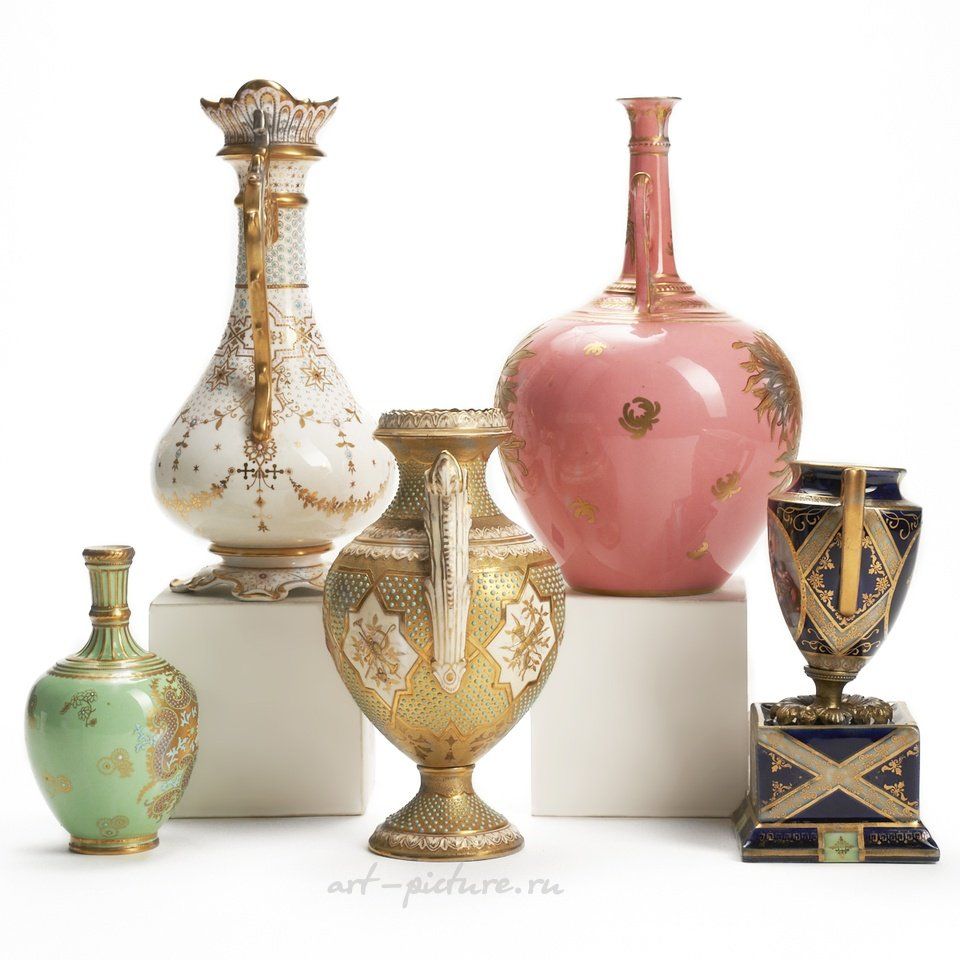 Royal Vienna Porcelain , Grp: 5 Enameled Porcelain Vases Royal Vienna Coalport