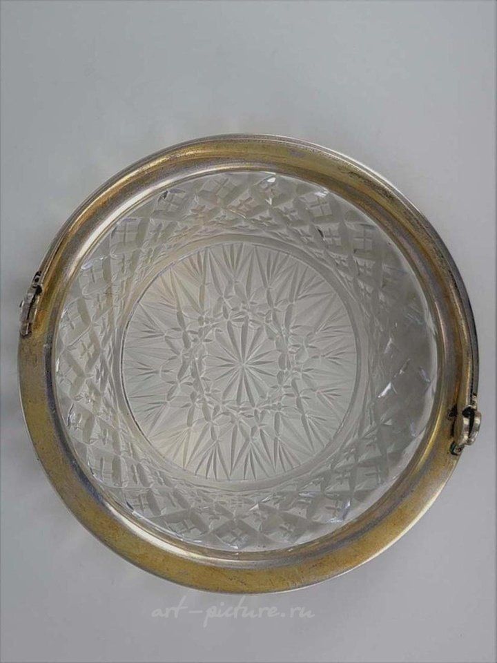Русское серебро , Серебряный плетеный поднос для икры с хрусталем Баккара, 19 век