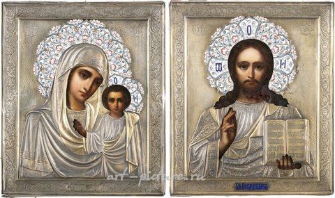 Russian silver, PAIR OF WEDDING ICONS WITH SILVER OKLAD: MOTHER OF GOD OF KASA...