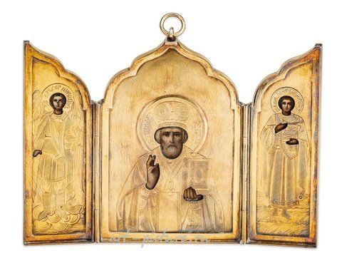 Russian silver, TRIPTYCH ICON WITH GILDED SILVER FRAME DEPICTING...