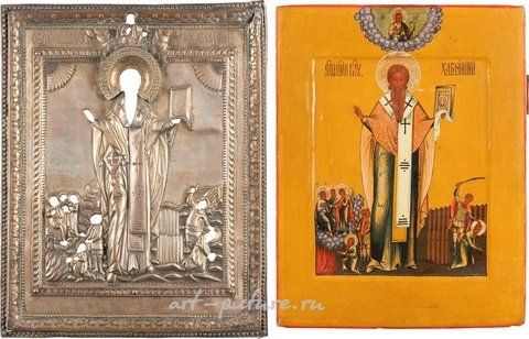 Russian silver, A FINE ICON SHOWING ST. HARALAMBIUS WITH SCENES FROM HIS LIFE