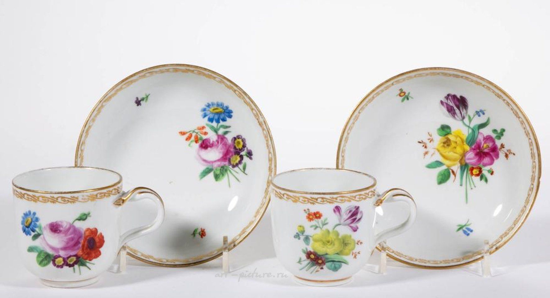 Royal Vienna Porcelain , ASSORTED HAND-PAINTED PORCELAIN CUP AND SAUCER SETS, LOT OF ...