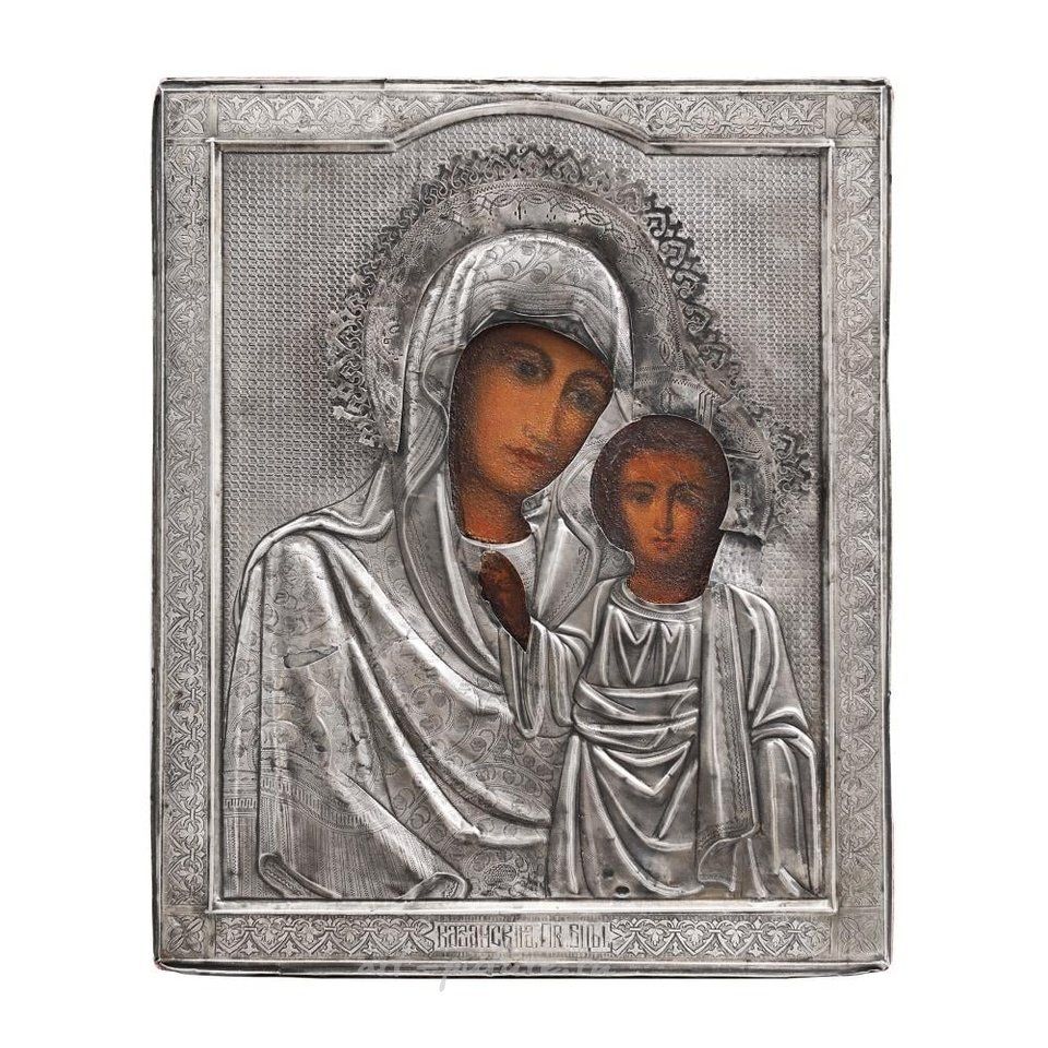 Русское серебро , Икона на дереве из мастерской Санкт-Петербурга с серебром