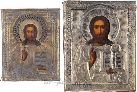 Russian silver, TWO SMALL-SIZED ICONS WITH THE MOTHER OF GOD OF KAZAN (K...