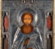 Икона святого Сергия Радонежского с серебряным окладом.