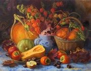 Pumpkins, persimmons and dry leaves oil, canvas