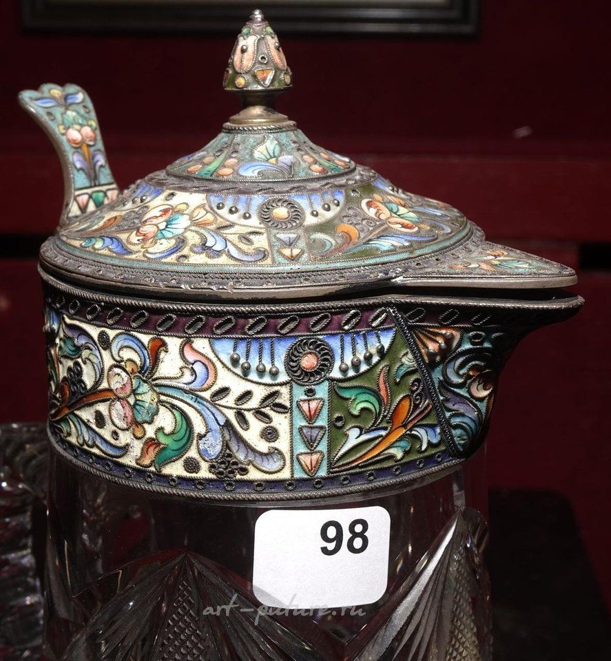 Русское серебро , Кувшин с ручкой из резного хрусталя, серебро (925 проба)