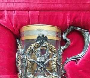 Silver cup holder, gilding, spoon, military theme