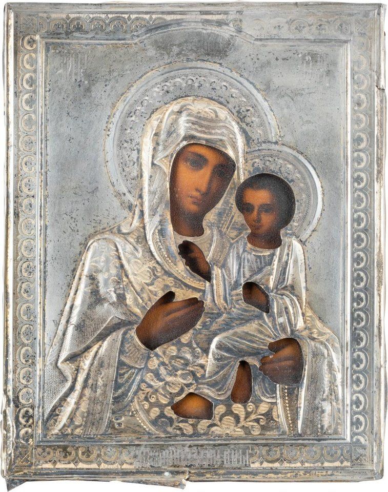 Russian silver , A SMALL ICON SHOWING THE TIKHVINSKAYA MOTHER OF GOD WITH