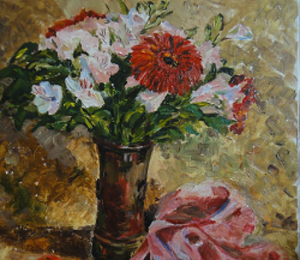Bouquet with gerbera oil, canvas on cardboard