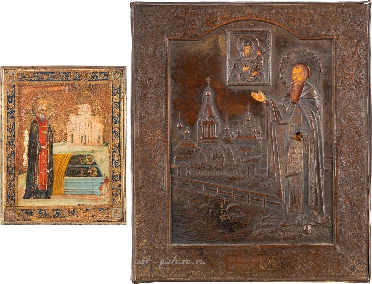 Russian silver , TWO ICONS SHOWING ST. SERGEY AT THE TOMB OF HIS PARENTS WITH