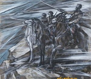 "The oath of the Cossacks before the fight" from the series "Cossack Glory" Watercolor, Mascara, Belila, Tinted Paper