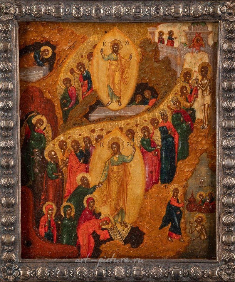 Русское серебро , Подписанная икона Воскресения с 16 праздниками и позолоченной рамой