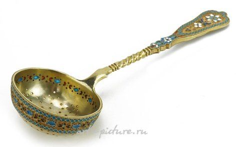 Russian silver, Silver gilt and champleve enamel spoon, impressed Russian marks.