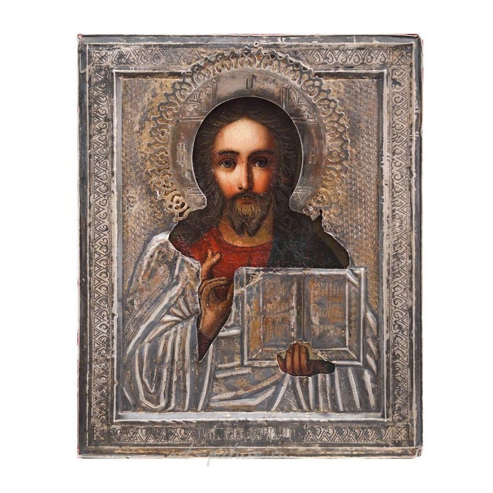 Russian silver , Moscow workshop, Russia, Religious icon on wood, with silver...