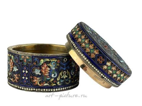 Russian silver, Antique Russian champleve enameled round silver box.