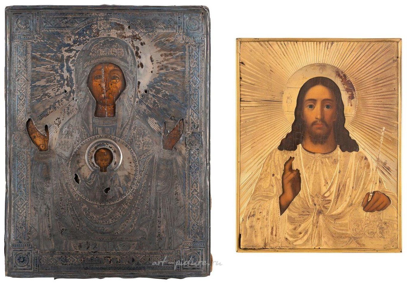Русское серебро , Два иконы, изображающие Христа Пантократора с серебряным окладом и Богородицу