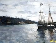 Sweden. Pier. Canvas, oil. 45 x 88 cm