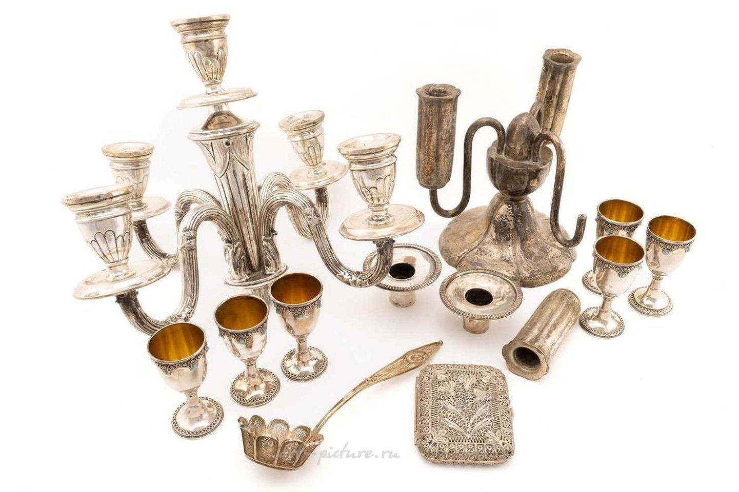 Русское серебро , Шесть чашек для кидуша в бирюзовой оправе