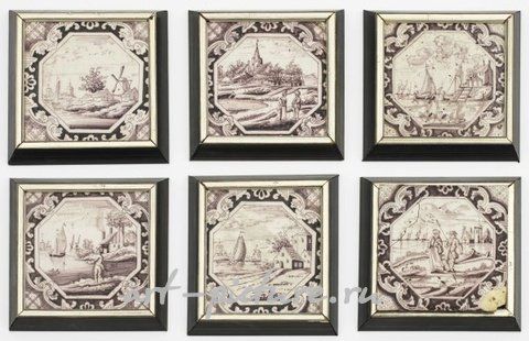 Голландские фаянсовые плитки с ландшафтной декорацией в восьмиугольной форме из 18-19 века