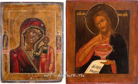 Russian silver, TWO ICONS SHOWING THE KAZANSKAYA MOTHER OF GOD AND ST. JOHN