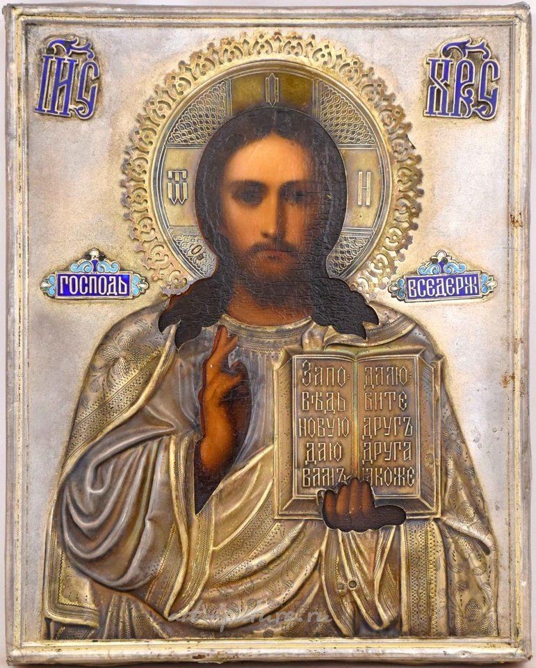 Русское серебро , Икона "Христос Вседержитель", серебряный оклад с эмалью