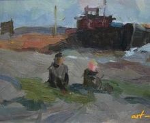 "On the river. Cardboard, oil. 14 x 27 cm"