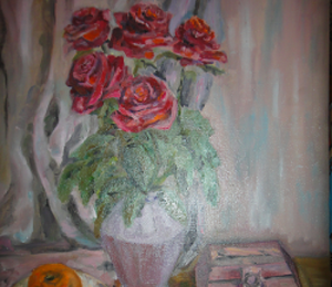 Still life with roses oil, canvas on cardboard