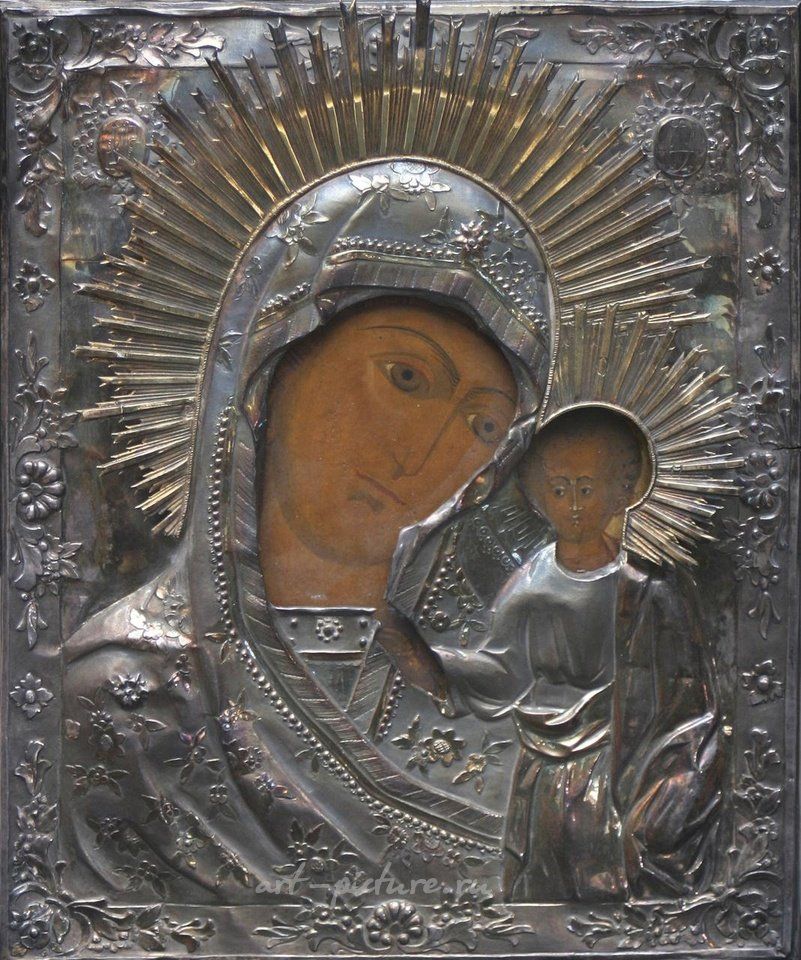 Русское серебро , Икона "Богоматерь Одигитрия Казанская" с серебряным окладом.