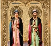 Маленькая икона, изображающая святых Бориса и Глеба. Россия, около 190 года.