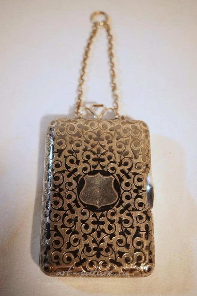 Русское серебро , Антикварная русская серебряная сумочка для дам с ниелло на цепочке