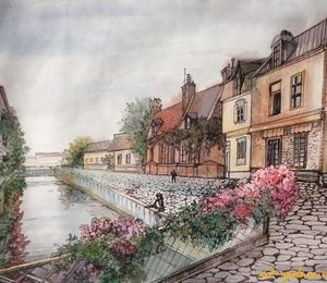 European watercolor embankment, Liner, paper