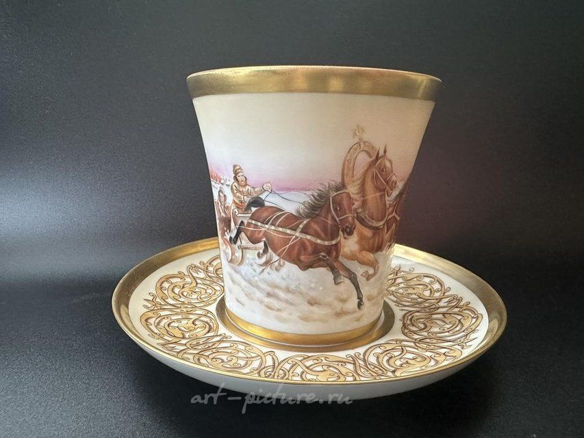 Tea cup set "Russian Troika." By Brytsitskaya. Porcelain, hand-painted, gilding, cirography.