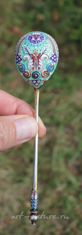 Русское серебро , Антикварная русская серебряная чайная ложка с эмалью в технике клоизонне и позолотой