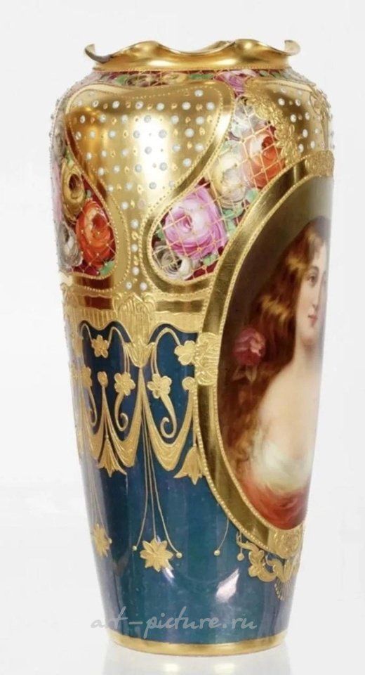 Royal Vienna Porcelain , ANTIQUE ROYAL VIENNA STYLE JEWELED PORTRAIT VASE