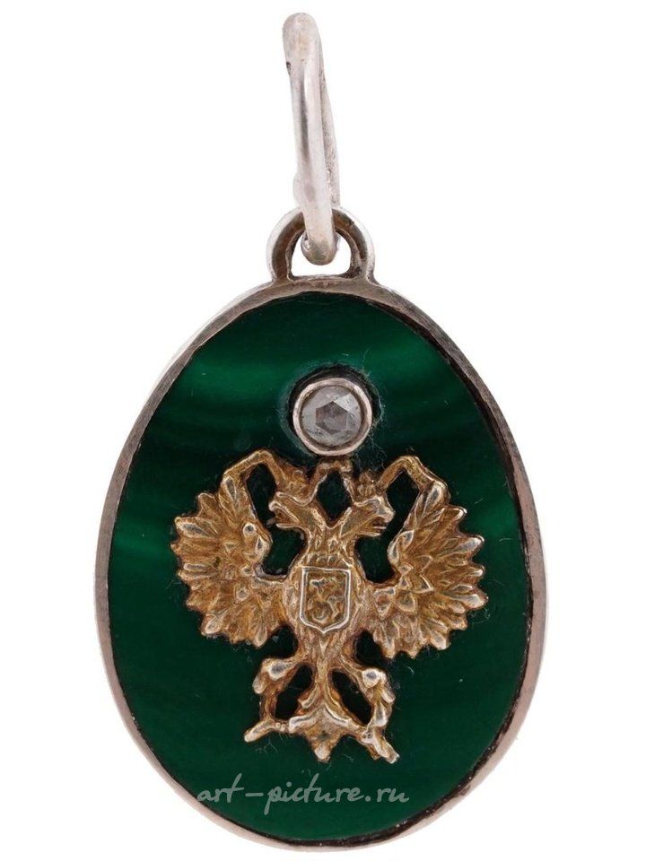 Русское серебро , Русская плоская подвеска в форме яйца, ручная резьба из натурального малахита