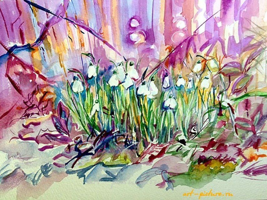 The first snowdrops, paper, watercolor.