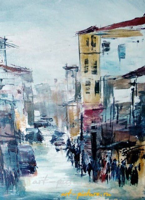 The text translates to "City R acrylic, canvas" in English.
