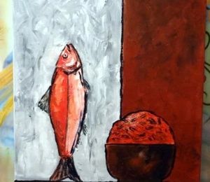 Red fish and red rice oil, canvas