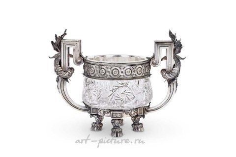 Русское серебро, БОЛИН, РОССИЯ, ОКОЛО 1900 ГОДА: ВПЕЧАТЛЯЮЩАЯ СЕРЕБРЯНАЯ И РЕЗНАЯ СТЕКЛЯННАЯ ЧАША ДЛЯ ПУНША