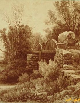 купить Старая водяная мельница гравюра на натуральной коже