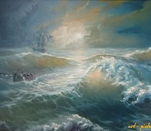 Fishermen in storm canvas, oil