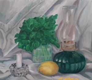 Still life with lemon and parsley oil, canvas on cardboard