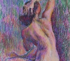 Naked with a hand thrown behind the head.