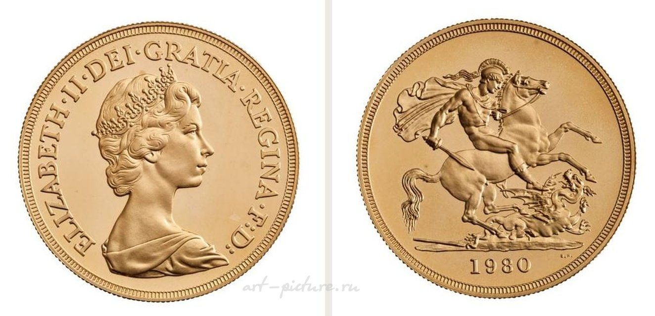 Set of 4 gold sovereigns from 1980 during the reign of Elizabeth II, in a case with a certificate.