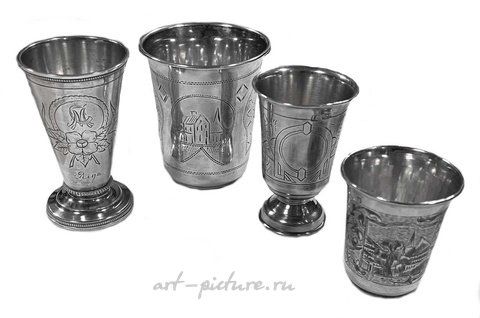 Russian silver, Four Russian metalwares silver vodka tumblers.