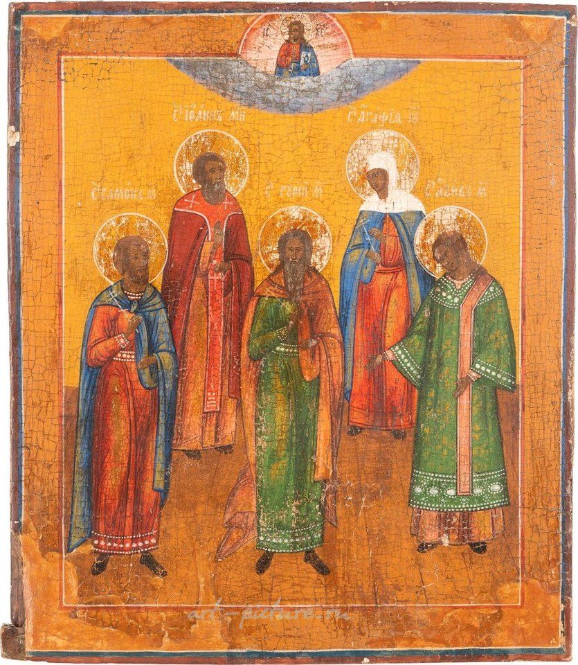 Русское серебро , Икона, изображающая пять избранных святых, и очень большая икона, изображающая распятие.