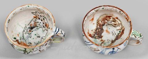 Две уникальные фаянсовые чайные чашки, расписанные художницей Корнелией Шлейме